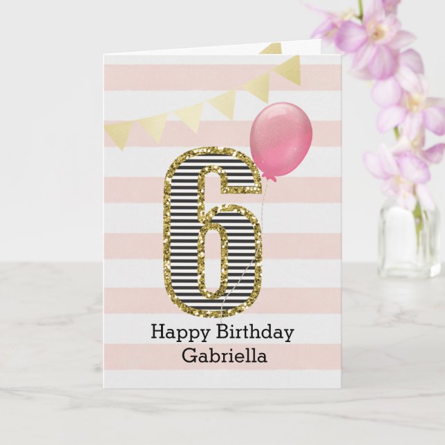 Tarjeta Purpurina de oro y sexto cumpleaños rosado (Orquídea)