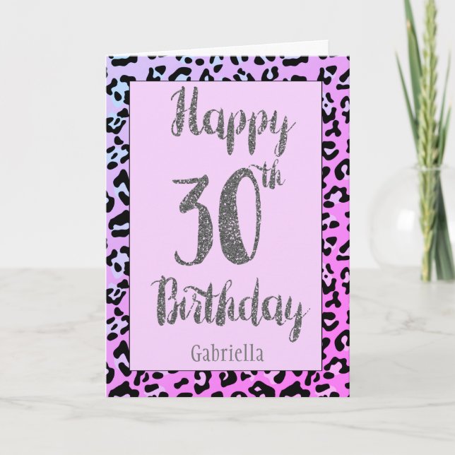 Tarjeta Purpurina de Plata Leopard Animal Print 30 cumplea (Anverso)