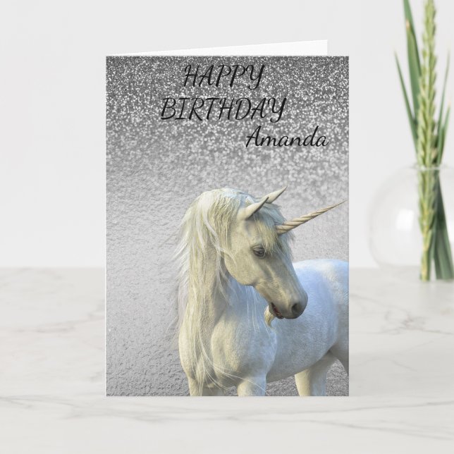 Tarjeta Purpurina de unicornio mágico de cumpleaños person (Anverso)
