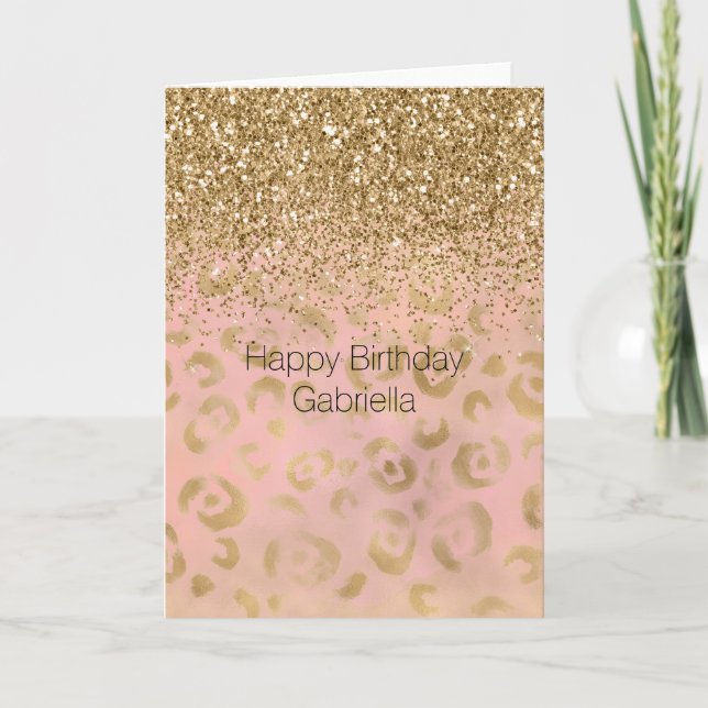 Tarjeta Purpurina del Leopardo de oro Girly Peach (Anverso)