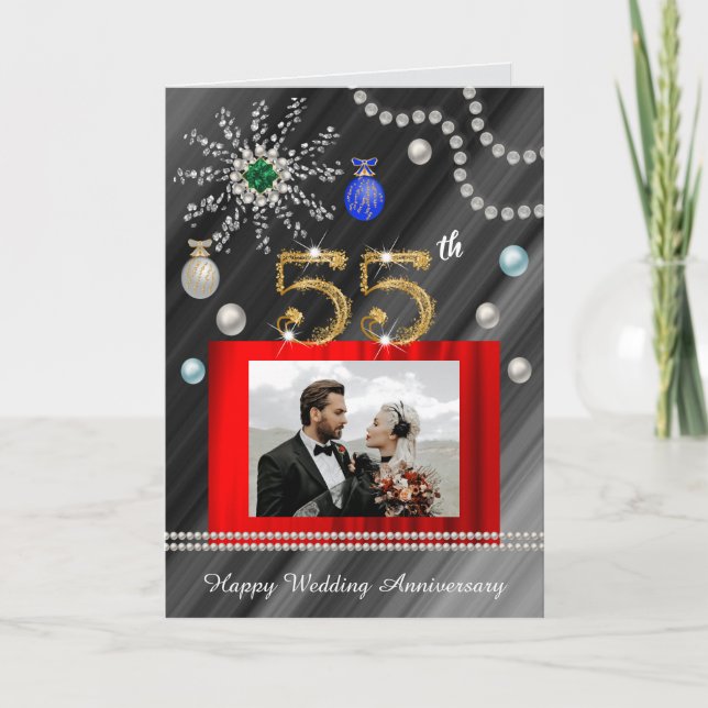 Tarjeta Purpurina esmeralda de oro gemas 55º aniversario d (Anverso)