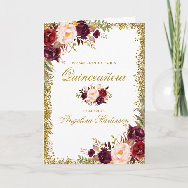 Tarjeta Purpurina fotográfico floral de Quinceanera Burgun (Anverso)
