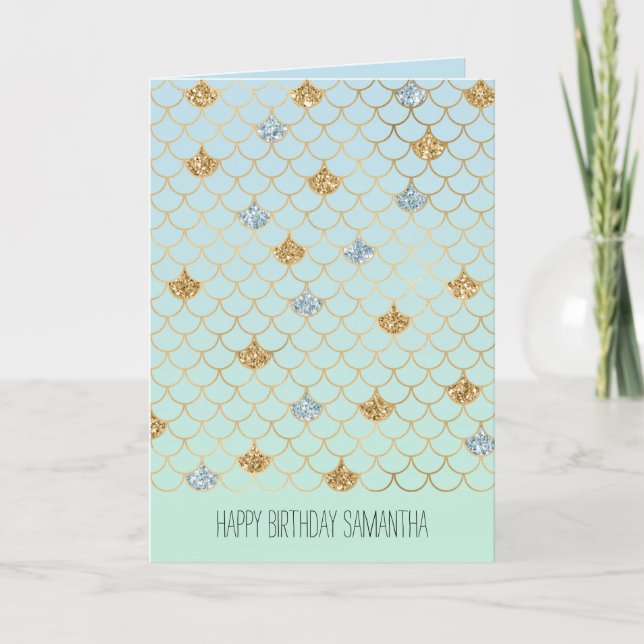 Tarjeta Purpurina Glitzy Mermaid Blue Green Gold Sparkle (Anverso)