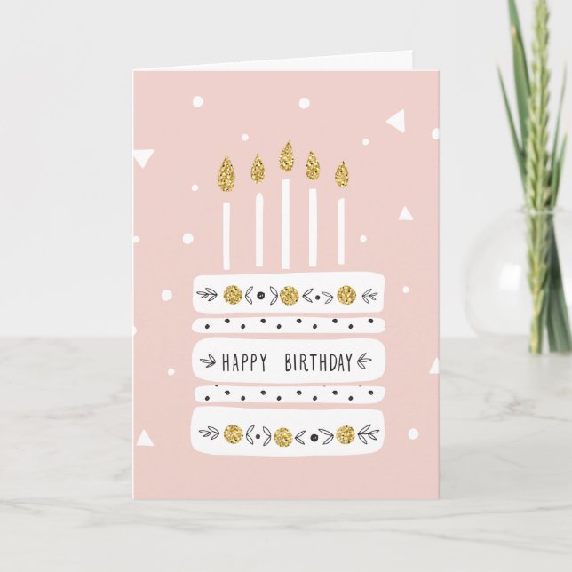 Tarjeta Purpurina Gold Pastel Ilustracion Torta de Cumplea (Anverso)