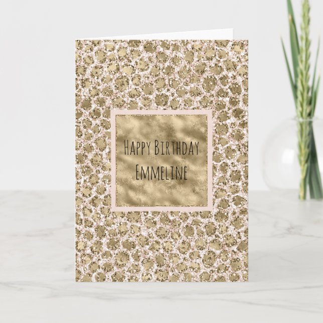 Tarjeta Purpurina Gold Rubor Pink Leopard Print (Anverso)