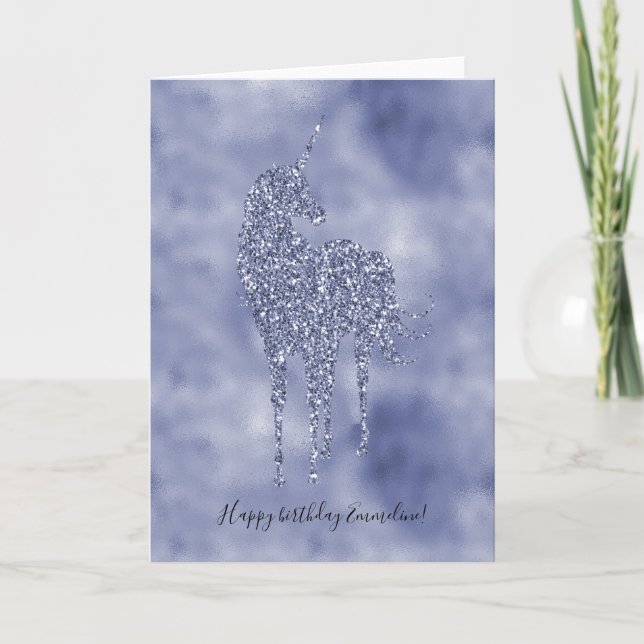 Tarjeta Purpurina morado unicornio personalizado (Anverso)