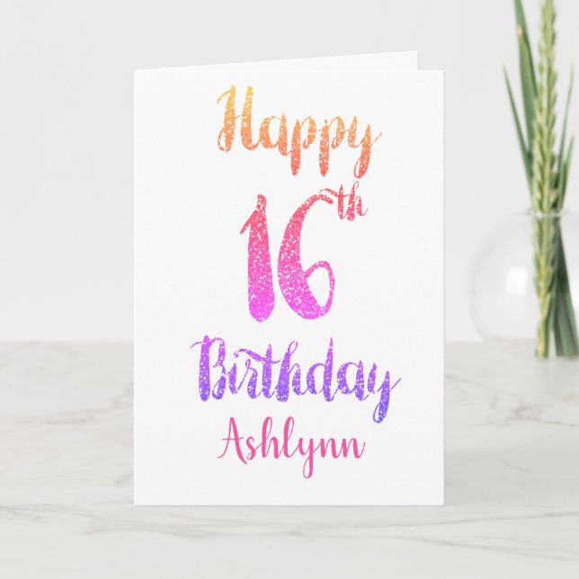 Tarjeta Purpurina Peach Pink Purple 16th Birthday (Anverso)