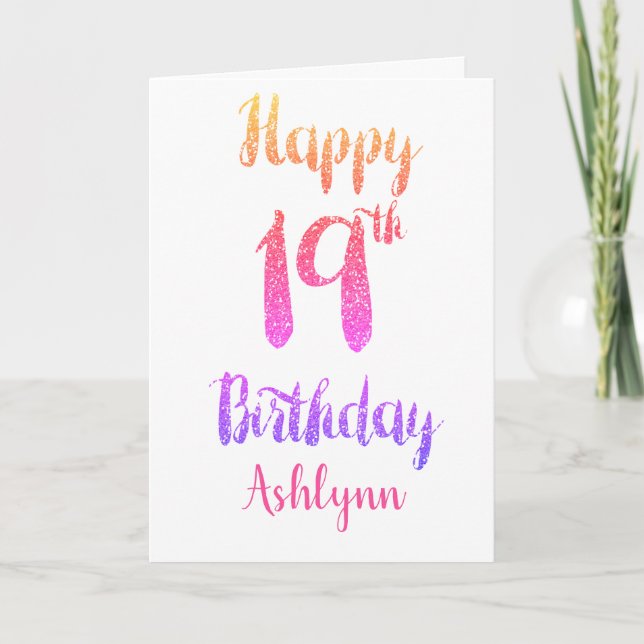 Tarjeta Purpurina Peach Pink Purple 19 cumpleaños (Anverso)