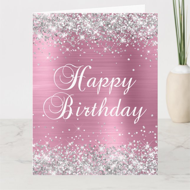 Tarjeta Purpurina Plateado Dusty Pink Big Happy Birday (Anverso)