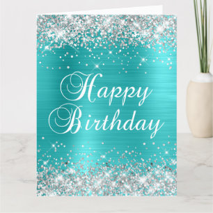 Tarjeta Purpurina Plateado Turquesa Azul Gran Feliz Cumple