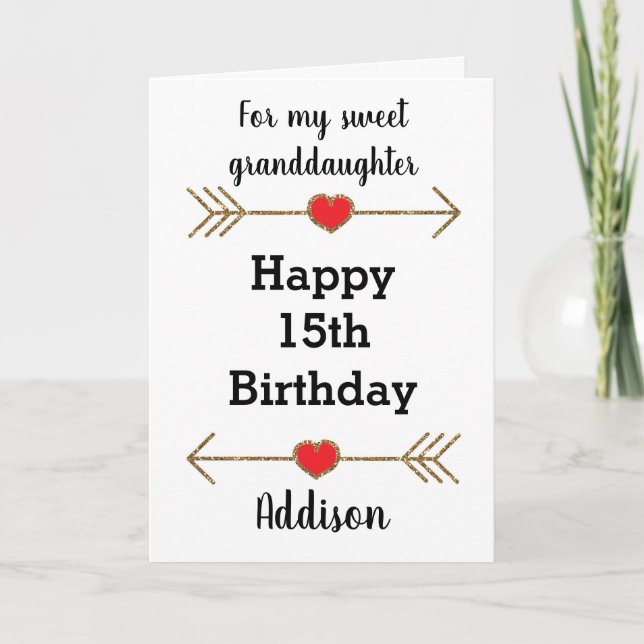 Tarjeta Purpurina Rojo y Oro 15º cumpleaños (Anverso)
