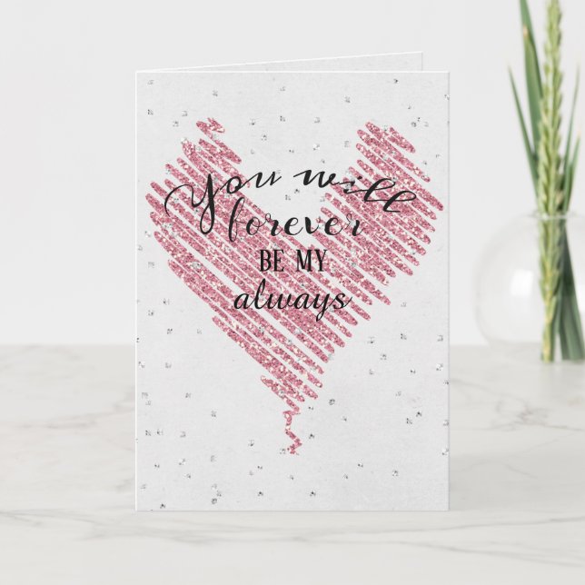Tarjeta purpurina rosa aniversario amor corazón con diaman (Anverso)