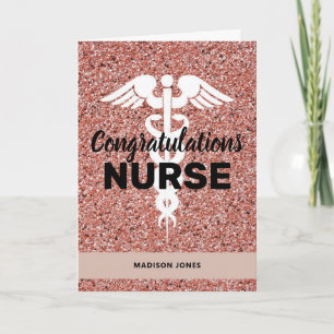 Tarjeta Purpurina rosa elegante de graduación de enfermerí
