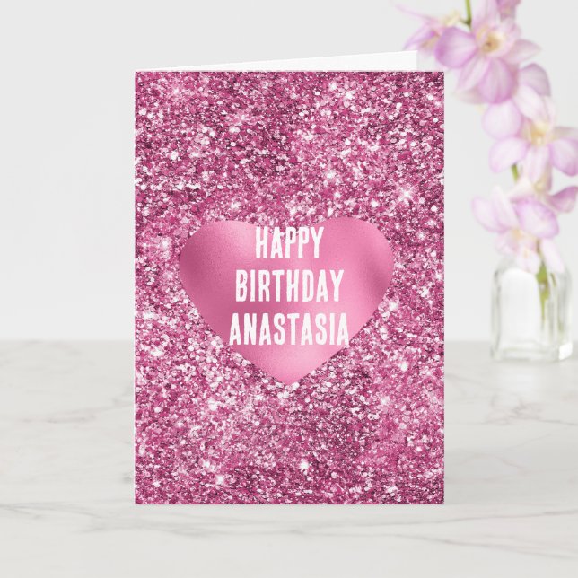 Tarjeta Purpurina rosa Glam Heart Birthday (Orquídea)
