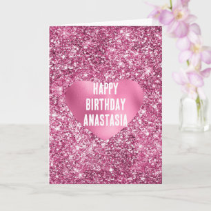 Tarjeta Purpurina rosa Glam Heart Birthday