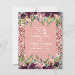 Tarjeta Purpurina rosa Morado Floral 70 cumpleaños