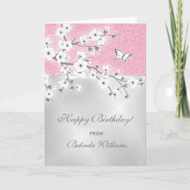 Tarjeta Purpurina rosa  Personalizado Plata con flores de  (Anverso)
