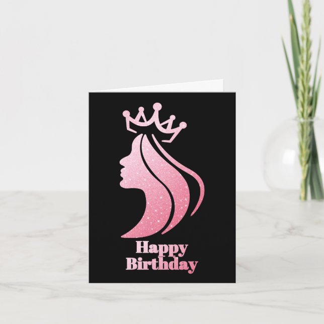 Tarjeta Purpurina Rosa Reina Corona Negro Feliz cumpleaños (Anverso)