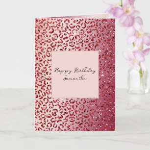 Tarjeta Purpurina rosa rojo Rubor Sparkle Leopard Print