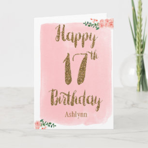 Tarjeta Purpurina Rosa y Oro 17º cumpleaños