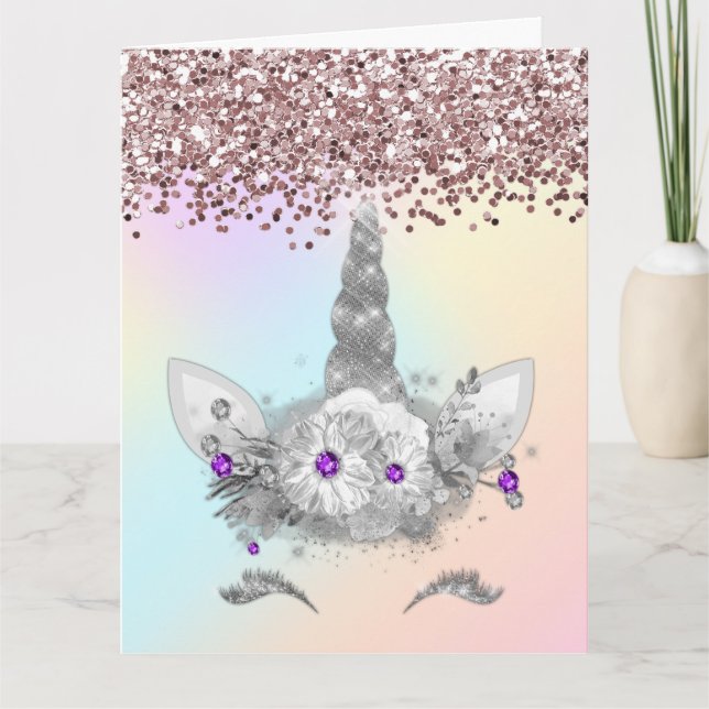 Tarjeta Purpurina rosa y unicornio plateado (Anverso)