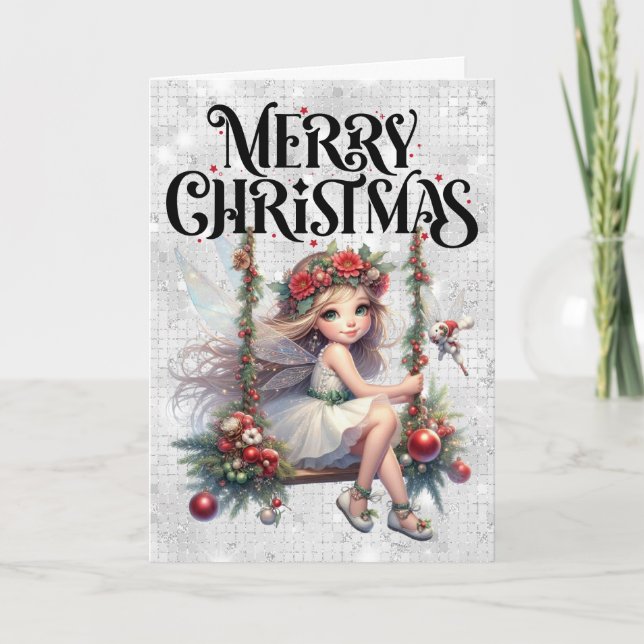 Tarjeta Purpurina Silver Feliz Navidad Fairy Holiday (Anverso)