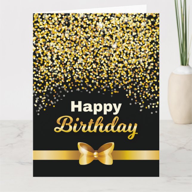 Tarjeta Purpurinas dorados Feliz cumpleaños fondo negro (Anverso)