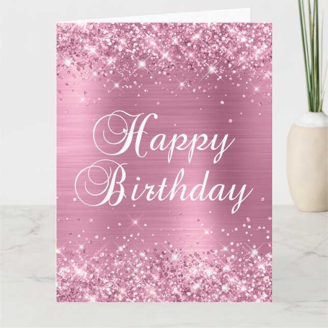 Tarjeta Purpurinoso Dusty Pink Big Happy Birday (Anverso)