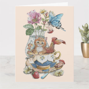 Tarjeta Purrmaid Teacup Floral Acuarela Caprichosa