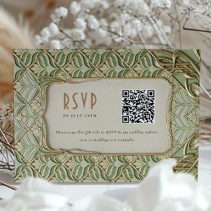 Tarjeta QR de Boda Floral Verde y Oro RSVP