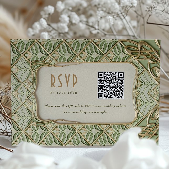 Tarjeta QR de Boda Floral Verde y Oro RSVP (Subido por el creador)