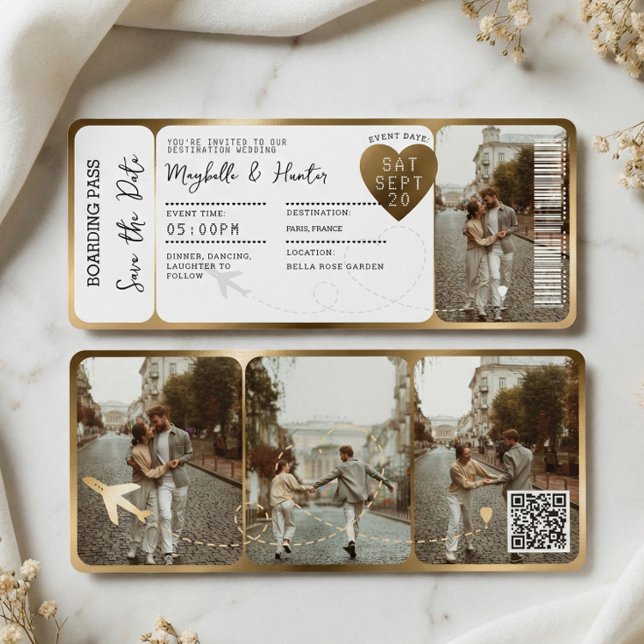 Tarjeta QR de Pasaje de Abordaje para Boda de Dest (Destination Wedding Boarding Pass Gold Ticket QR Invitation)