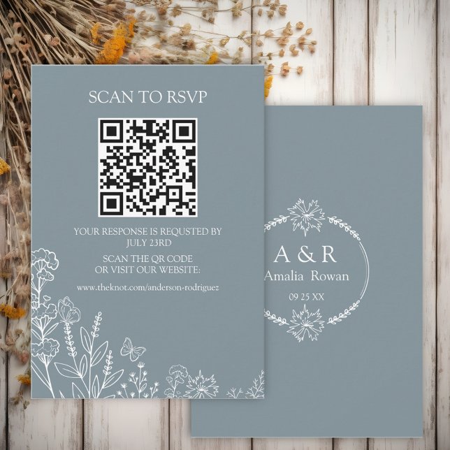 Tarjeta QR RSVP de exploración gris azul de flores (Subido por el creador)