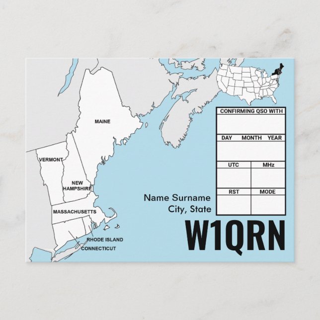 Tarjeta QSL Mapa de Nueva Inglaterra (Anverso)
