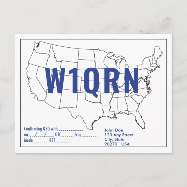 Tarjeta QSL Retro Mapa de Estados Unidos Blue Text (Anverso)