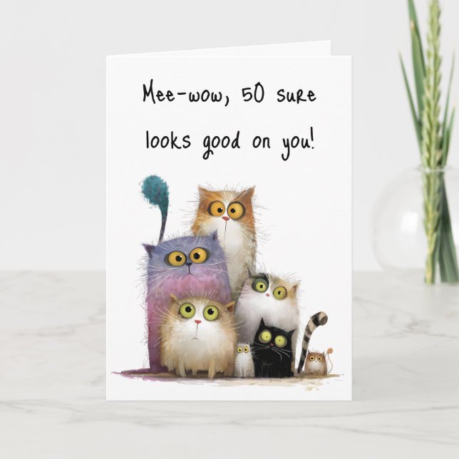 Tarjeta Quaint Cats with Big Eyes 50th Birthday Greeting (Anverso)