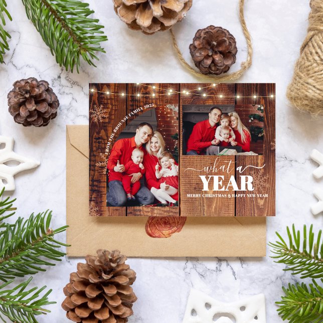 Tarjeta ¿Qué año de carrera de Navidades multiCollages de  (What a Year Multi Photo Collage Christmas Rustic Card happy new year farmhouse)