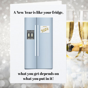 Tarjeta ¿Qué hay en tu nevera de Año Nuevo? Feliz Año Nuev