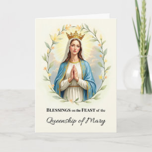 Tarjeta Queenship of Mary Feast Day with Floral Wreath
