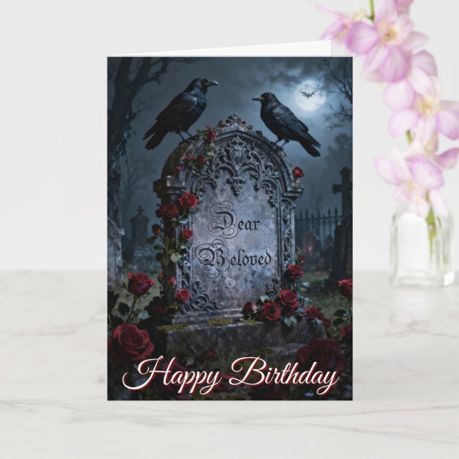 Tarjeta Querido Cuervo Gótico y Cementerio de Rosas Amado (Orquídea)