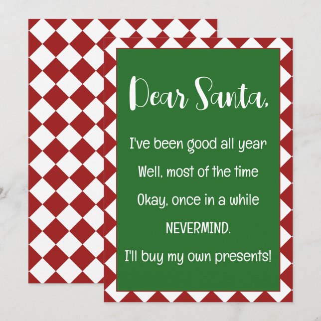 Tarjeta Querido Santa, compraré mis propias cosas, Navidad (Anverso / Reverso)