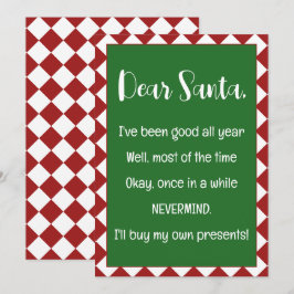 Tarjeta Querido Santa, compraré mis propias cosas, Navidad