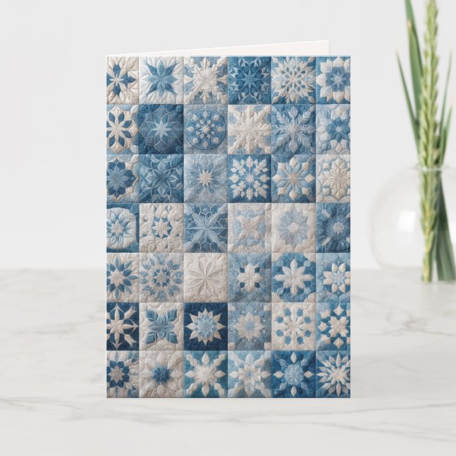 Tarjeta Quilt de copo de nieve azul y blanco de cumpleaños (Anverso)