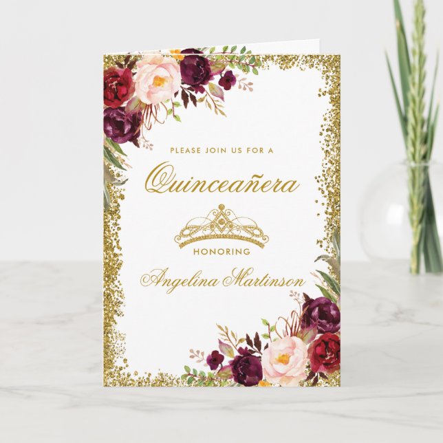 Tarjeta Quinceanera Burgundy Foto Floral Doble Corona de O (Anverso)