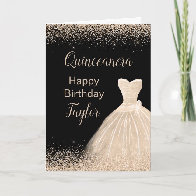 Tarjeta Quinceanera Champagne Blanco Vestido Faux Purpurin (Anverso)