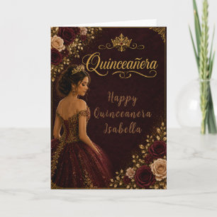 Tarjeta Quinceañera de Borgoña y Dorado