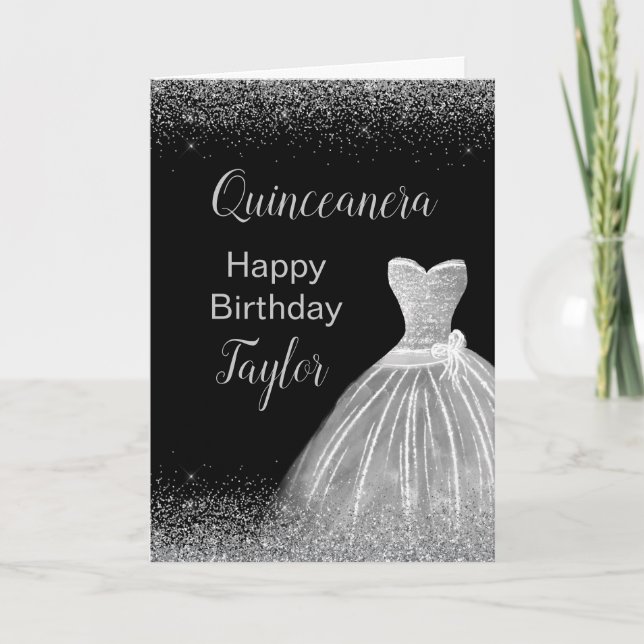Tarjeta Quinceanera Plata Vestido Faux Purpurina (Anverso)