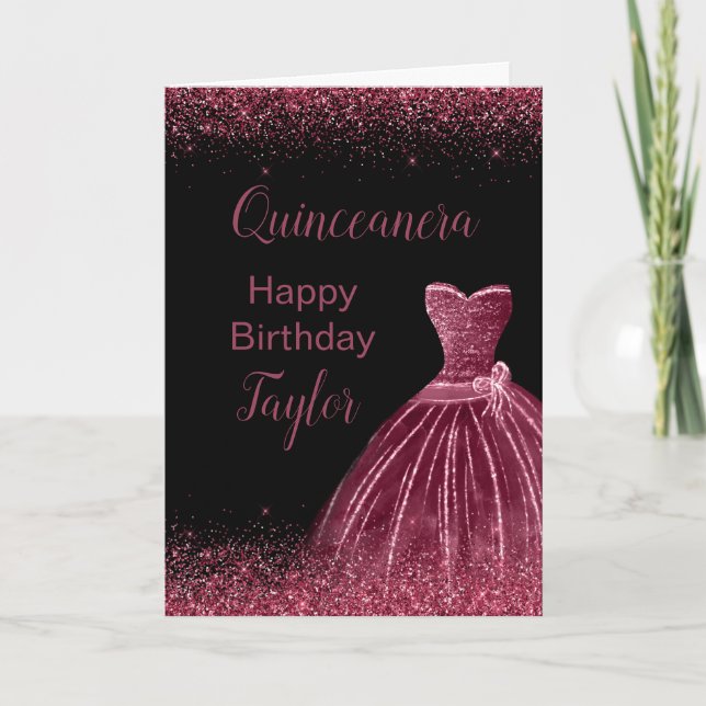 Tarjeta Quinceanera Plum Vestido púrpura Faux Purpurina (Anverso)