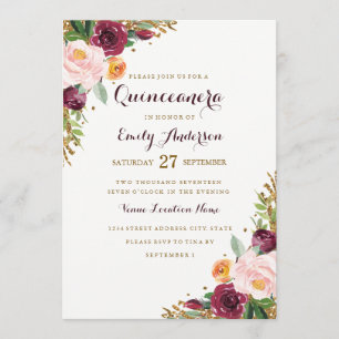 Tarjeta Quinceanera Purpurina floral de oro de Bor