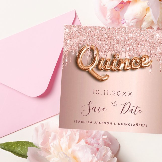 Tarjeta Quinceanera rosa purpurina de oro salva la fecha (Subido por el creador)